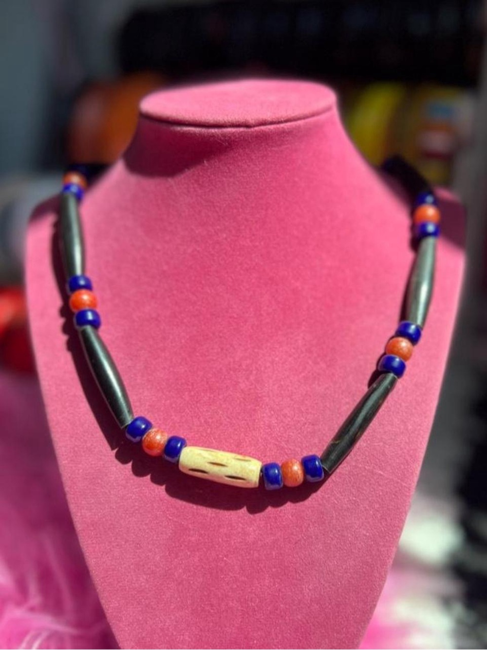 Vintage blue orange red black beaded necklace